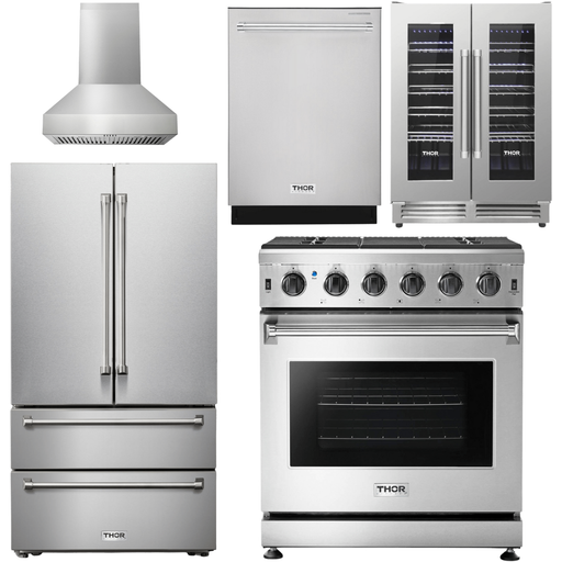 Thor Kitchen 30 In. Propane Gas Range, Range Hood, Refrigerator, Dishwasher, Wine Cooler Appliance Package