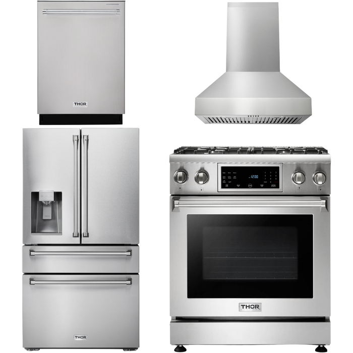 Thor Kitchen 30 In. Propane Gas Range, Range Hood, Refrigerator with Water and Ice Dispenser, Dishwasher Appliance Package