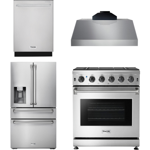 Thor Kitchen 30 In. Propane Gas Range, Range Hood, Refrigerator with Water and Ice Dispenser, Dishwasher Appliance Package