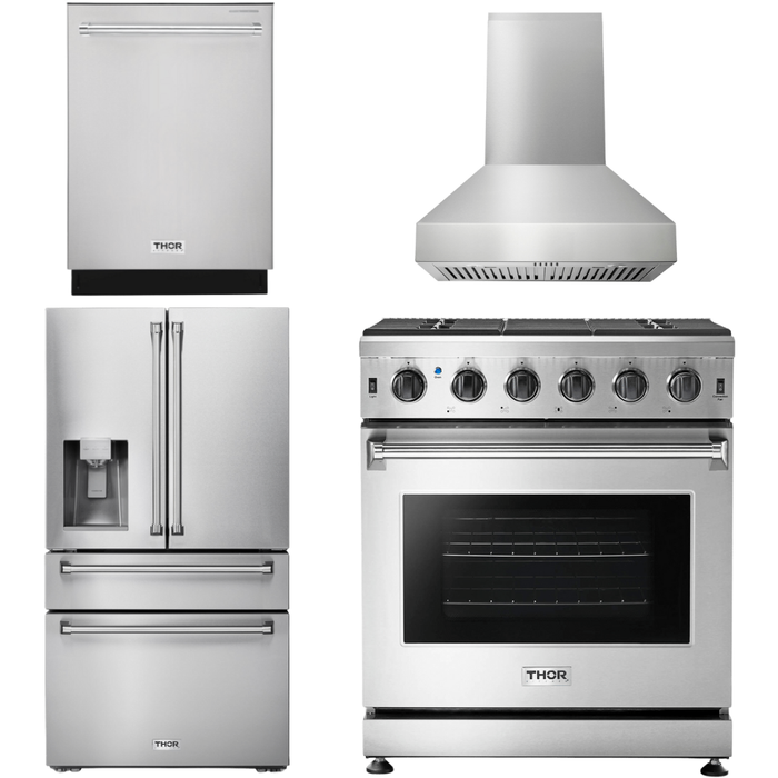 Thor Kitchen 30 In. Propane Gas Range, Range Hood, Refrigerator with Water and Ice Dispenser, Dishwasher Appliance Package