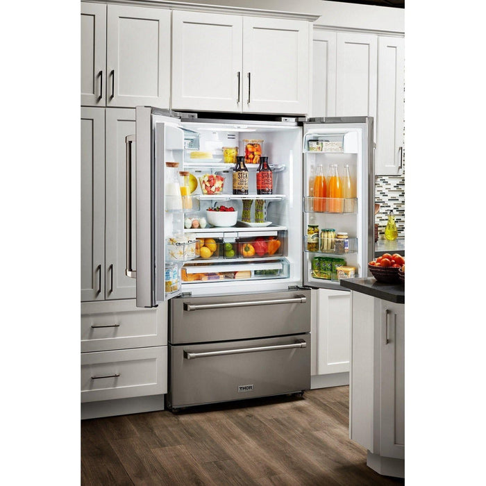 Thor Kitchen 30 In. Propane Gas Range, Range Hood, Refrigerator with Water and Ice Dispenser, Dishwasher, Wine Cooler Appliance Package