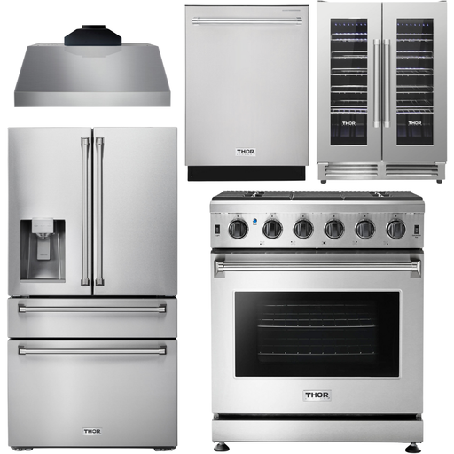 Thor Kitchen 30 In. Propane Gas Range, Range Hood, Refrigerator with Water and Ice Dispenser, Dishwasher, Wine Cooler Appliance Package