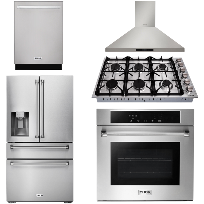 Thor Kitchen 30 in. Wall Oven, 36 In. Cooktop, Range Hood, Refrigerator with Water and Ice Dispenser, Dishwasher Appliance Package