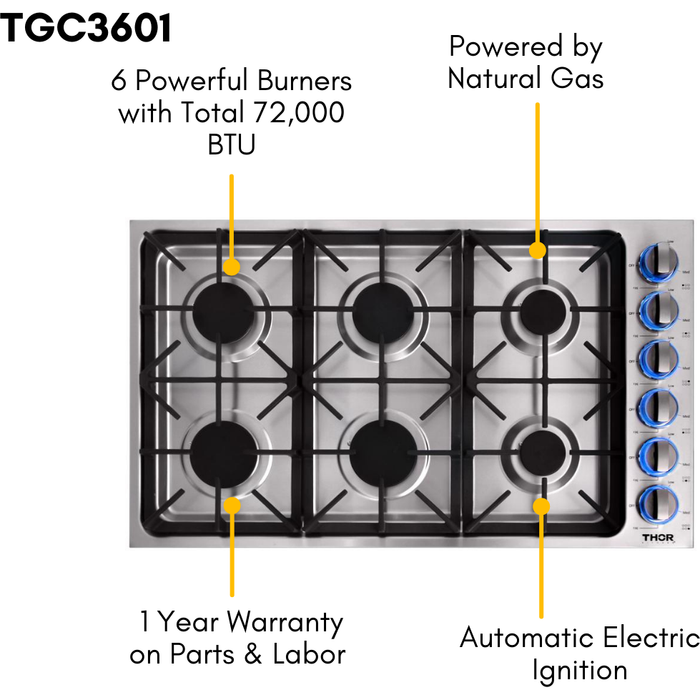 Thor Kitchen 36 in. Drop-in Natural Gas Cooktop in Stainless Steel TGC3601