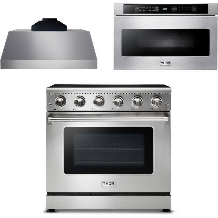 Thor Kitchen 36 In. Electric Range, Range Hood, Microwave Drawer Appliance Package