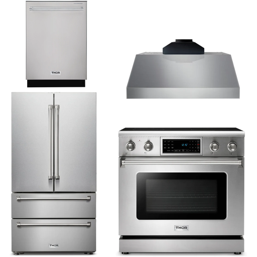 Thor Kitchen 36 In. Electric Range, Range Hood, Microwave Drawer, Refrigerator, Dishwasher Appliance Package