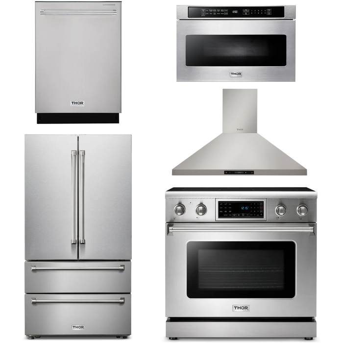 Thor Kitchen 36 In. Electric Range, Range Hood, Microwave Drawer, Refrigerator, Dishwasher Appliance Package