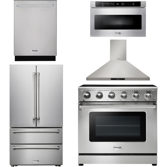 Thor Kitchen 36 In. Electric Range, Range Hood, Microwave Drawer, Refrigerator, Dishwasher Appliance Package