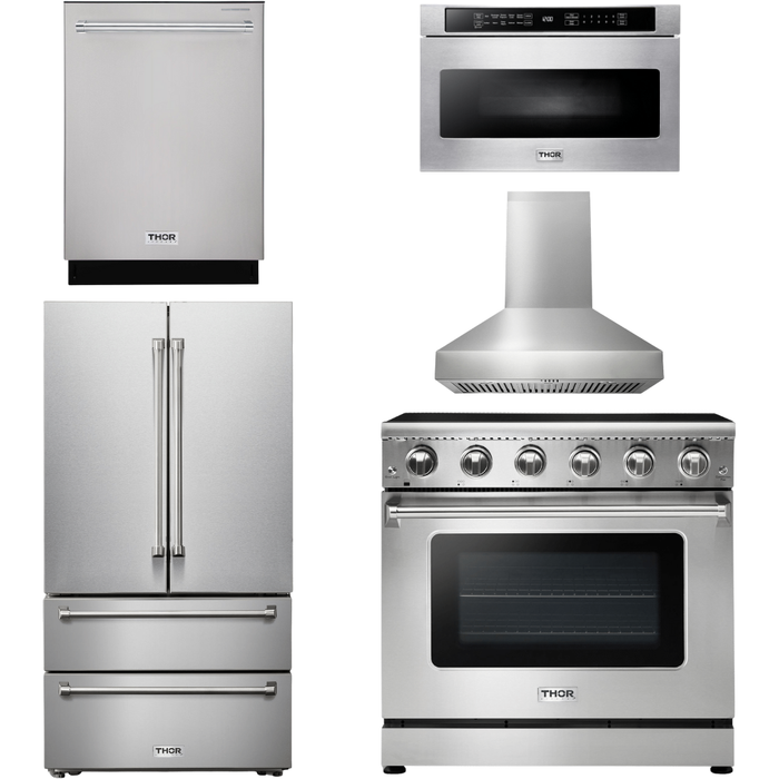 Thor Kitchen 36 In. Electric Range, Range Hood, Microwave Drawer, Refrigerator with Water and Ice Dispenser, Dishwasher Appliance Package