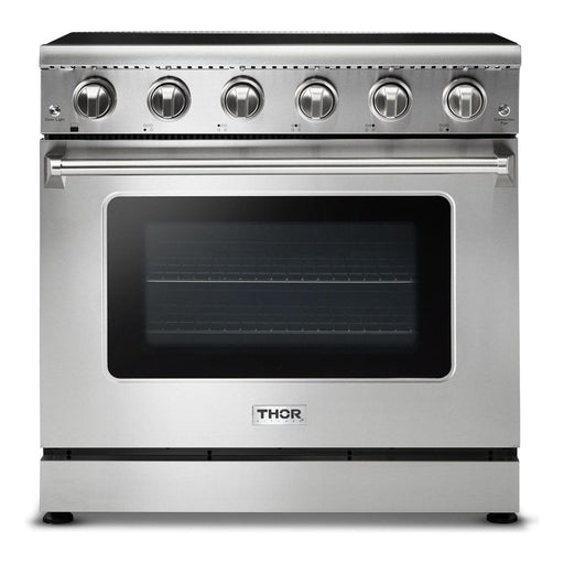 Thor Kitchen 36 In. Electric Range, Range Hood, Microwave Drawer, Refrigerator with Water and Ice Dispenser, Dishwasher Appliance Package