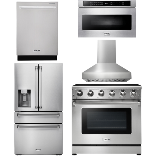 Thor Kitchen 36 in. Electric Range, Range Hood, Microwave Drawer, Refrigerator with Water and Ice Dispenser, Dishwasher Appliance Package