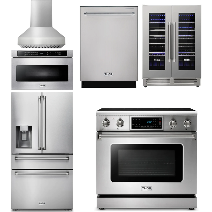 Thor Kitchen 36 In. Electric Range, Range Hood, Microwave Drawer, Refrigerator with Water and Ice Dispenser, Dishwasher, Wine Cooler Appliance Package