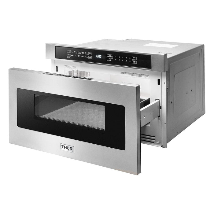 Thor Kitchen 36 In. Electric Range, Range Hood, Microwave Drawer, Refrigerator with Water and Ice Dispenser, Dishwasher, Wine Cooler Appliance Package