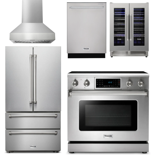 Thor Kitchen 36 In. Electric Range, Range Hood, Refrigerator, Dishwasher, Wine Cooler Appliance Package