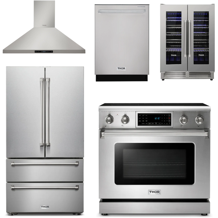 Thor Kitchen 36 In. Electric Range, Range Hood, Refrigerator, Dishwasher, Wine Cooler Appliance Package