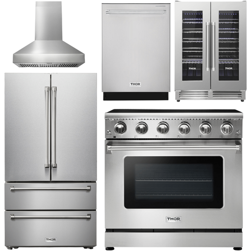 Thor Kitchen 36 In. Electric Range, Range Hood, Refrigerator, Dishwasher, Wine Cooler Appliance Package