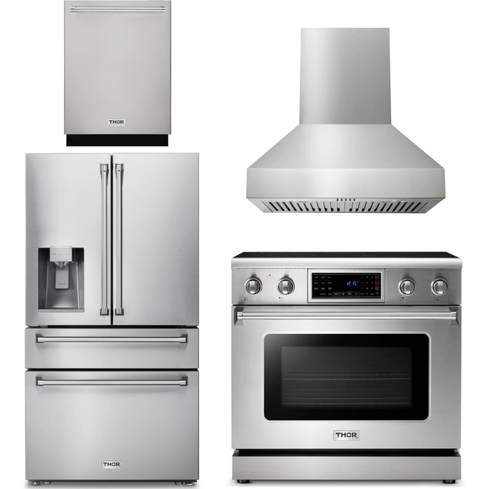 Thor Kitchen 36 In. Electric Range, Range Hood, Refrigerator with Water and Ice Dispenser, Dishwasher Appliance Package