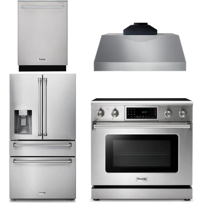 Thor Kitchen 36 In. Electric Range, Range Hood, Refrigerator with Water and Ice Dispenser, Dishwasher Appliance Package