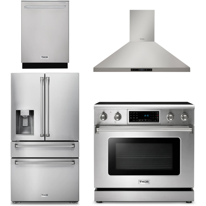 Thor Kitchen 36 In. Electric Range, Range Hood, Refrigerator with Water and Ice Dispenser, Dishwasher Appliance Package