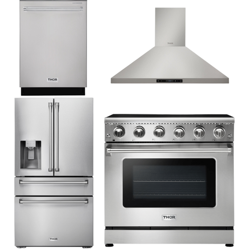 Thor Kitchen 36 In. Electric Range, Range Hood, Refrigerator with Water and Ice Dispenser, Dishwasher Appliance Package