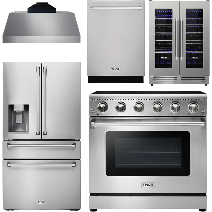 Thor Kitchen 36 In. Electric Range, Range Hood, Refrigerator with Water and Ice Dispenser, Dishwasher, Wine Cooler Appliance Package