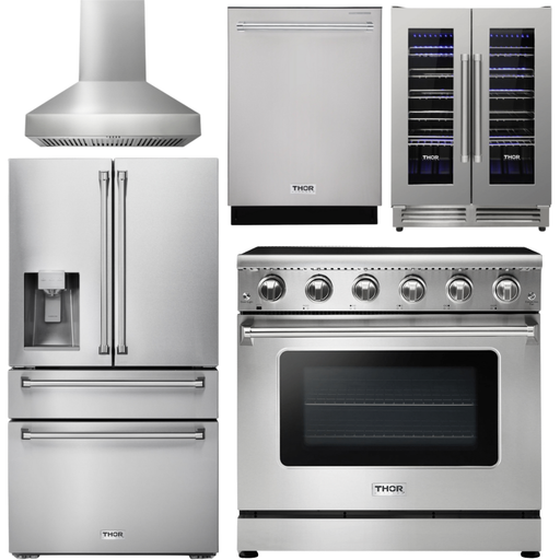 Thor Kitchen 36 In. Electric Range, Range Hood, Refrigerator with Water and Ice Dispenser, Dishwasher, Wine Cooler Appliance Package