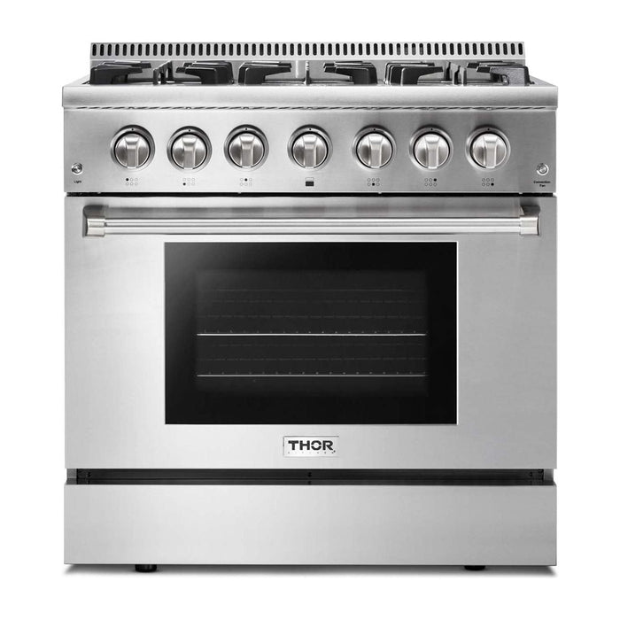 Thor Kitchen 36 In. Gas Burner/Electric Oven Range, Microwave Drawer, Refrigerator, Dishwasher Appliance Package