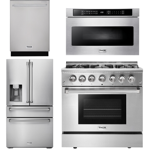 Thor Kitchen 36 In. Gas Burner/Electric Oven Range, Microwave Drawer, Refrigerator with Water and Ice Dispenser, Dishwasher Appliance Package