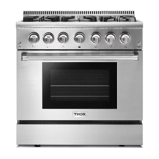 Thor Kitchen 36 In. Gas Burner/Electric Oven Range, Range Hood, Dishwasher. Refrigerator with Water and Ice Dispenser Appliance Package