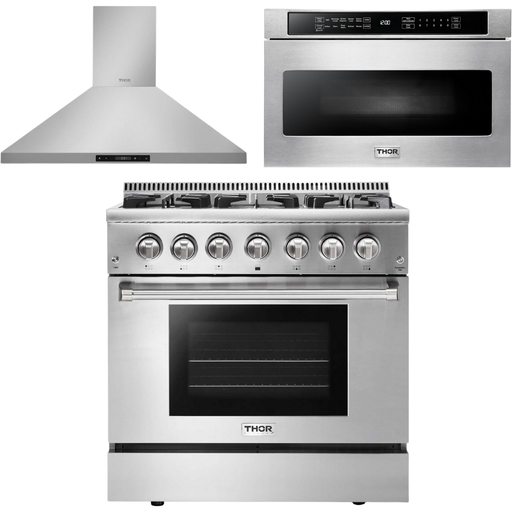 Thor Kitchen 36 in. Gas Burner/Electric Oven Range, Range Hood, Microwave Drawer Appliance Package