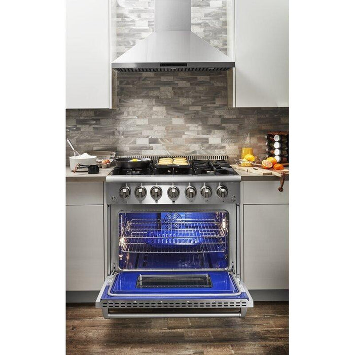 Thor Kitchen 36 in. Gas Burner/Electric Oven Range, Range Hood, Microwave Drawer Appliance Package