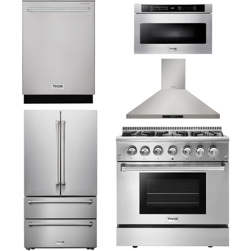 Thor Kitchen 36 In. Gas Burner/Electric Oven Range, Range Hood, Microwave Drawer, Refrigerator, Dishwasher Appliance Package