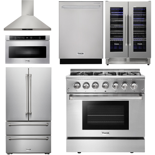 Thor Kitchen 36 In. Gas Burner/Electric Oven Range, Range Hood, Microwave Drawer, Refrigerator, Dishwasher, Wine Cooler Appliance Package