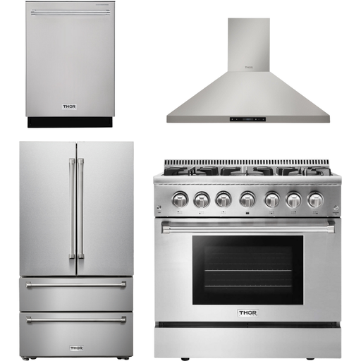 Thor Kitchen 36 In. Gas Burner/Electric Oven Range, Range Hood, Refrigerator, Dishwasher Appliance Package