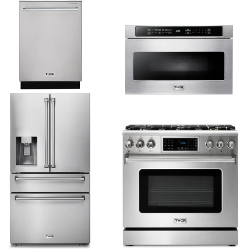 Thor Kitchen 36 In. Gas Range, Microwave Drawer, Refrigerator with Water and Ice Dispenser, Dishwasher Appliance Package