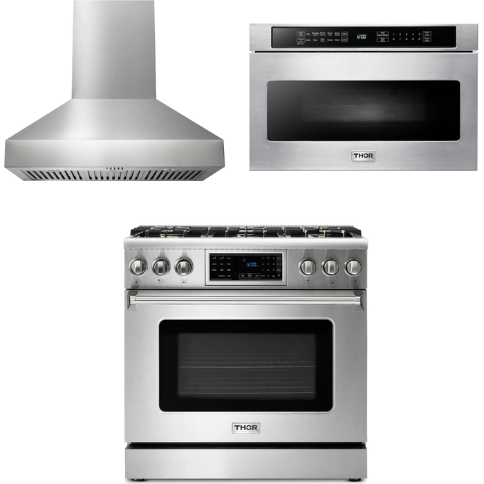 Thor Kitchen 36 In. Gas Range, Range Hood, Microwave Drawer Appliance Package