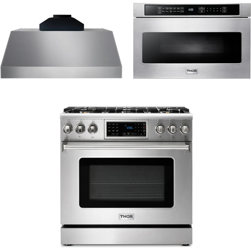 Thor Kitchen 36 In. Gas Range, Range Hood, Microwave Drawer Appliance Package