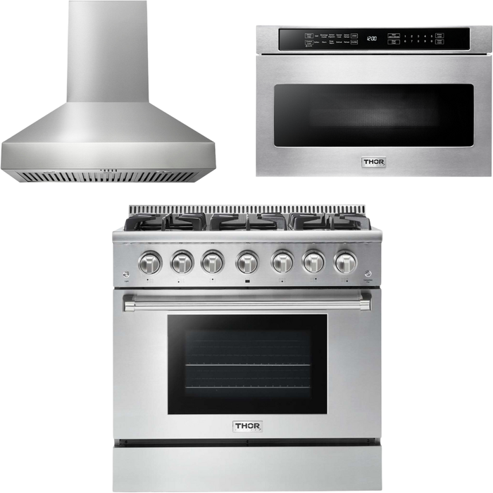 Thor Kitchen 36 In. Gas Range, Range Hood, Microwave Drawer Appliance Package