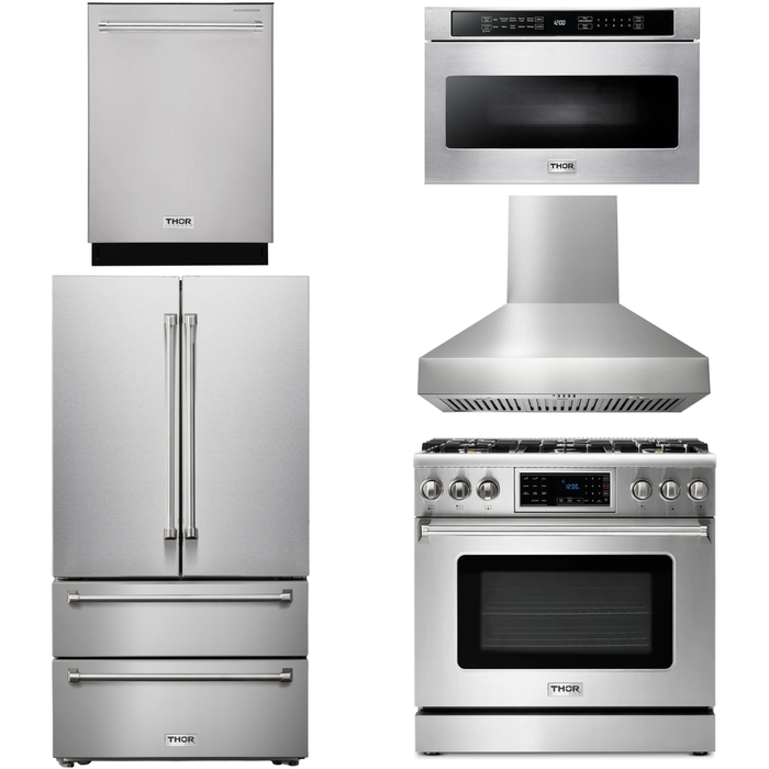 Thor Kitchen 36 In. Gas Range, Range Hood, Microwave Drawer, Refrigerator, Dishwasher Appliance Package