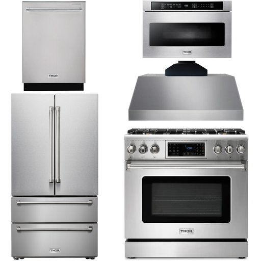 Thor Kitchen 36 In. Gas Range, Range Hood, Microwave Drawer, Refrigerator, Dishwasher Appliance Package