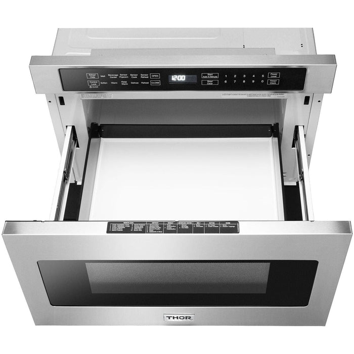 Thor Kitchen 36 In. Gas Range, Range Hood, Microwave Drawer, Refrigerator, Dishwasher Appliance Package