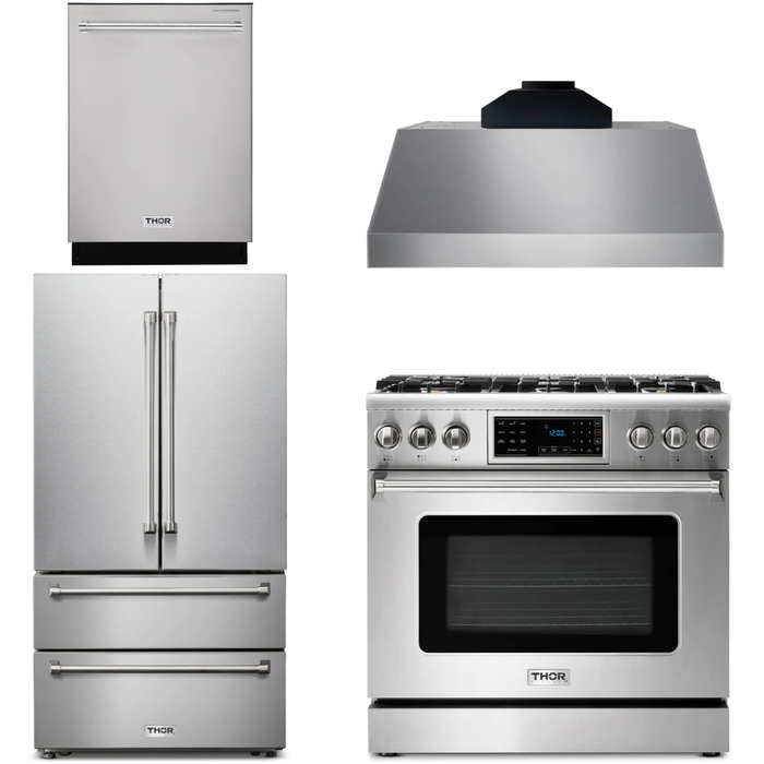 Thor Kitchen 36 In. Gas Range, Range Hood, Microwave Drawer, Refrigerator, Dishwasher Appliance Package