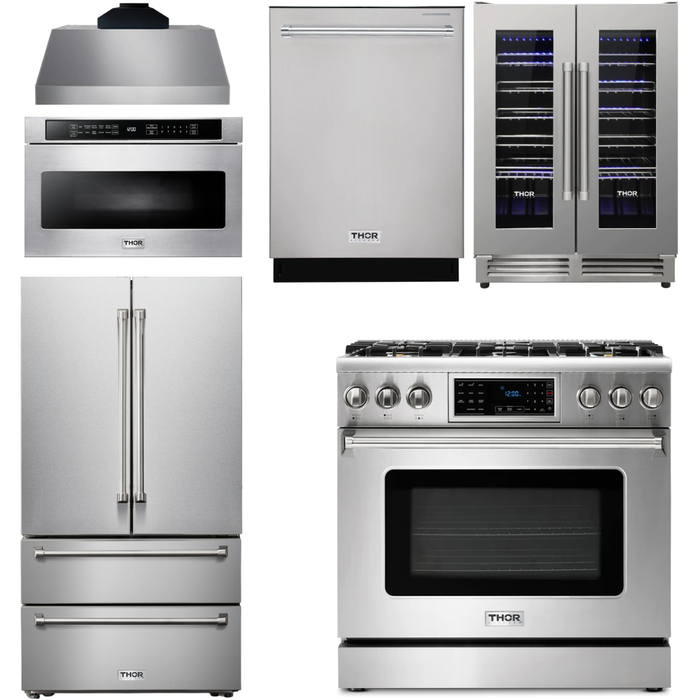 Thor Kitchen 36 In. Gas Range, Range Hood, Microwave Drawer, Refrigerator, Dishwasher, Wine Cooler Appliance Package