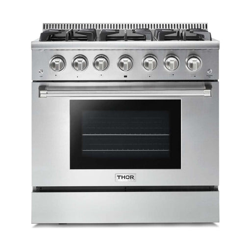 Thor Kitchen 36 In. Gas Range, Range Hood, Microwave Drawer, Refrigerator, Dishwasher, Wine Cooler Appliance Package