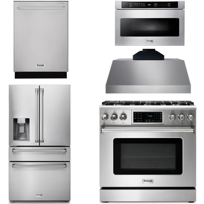 Thor Kitchen 36 In. Gas Range, Range Hood, Microwave Drawer, Refrigerator with Water and Ice Dispenser, Dishwasher Appliance Package