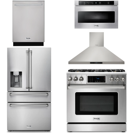 Thor Kitchen 36 In. Gas Range, Range Hood, Microwave Drawer, Refrigerator with Water and Ice Dispenser, Dishwasher Appliance Package