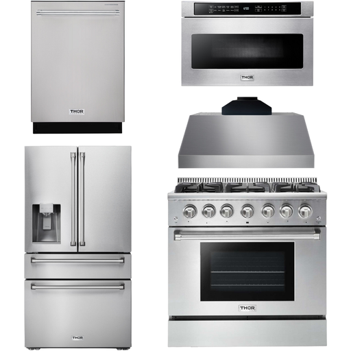 Thor Kitchen 36 In. Gas Range, Range Hood, Microwave Drawer, Refrigerator with Water and Ice Dispenser, Dishwasher Appliance Package