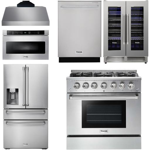 Thor Kitchen 36 In. Gas Range, Range Hood, Microwave Drawer, Refrigerator with Water and Ice Dispenser, Dishwasher, Wine Cooler Appliance Package