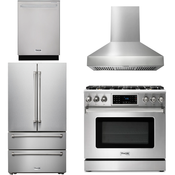 Thor Kitchen 36 In. Gas Range, Range Hood, Refrigerator, Dishwasher Appliance Package