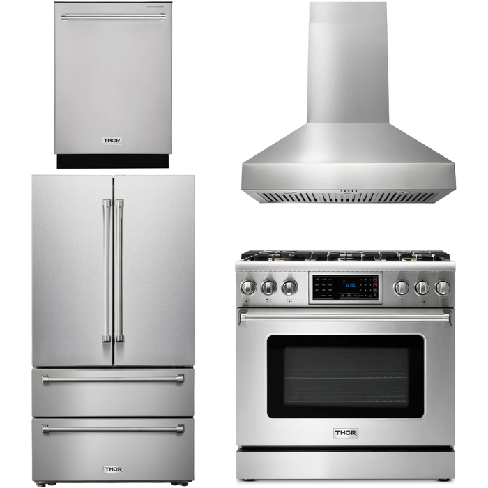 Thor Kitchen 36 In. Gas Range, Range Hood, Refrigerator, Dishwasher Appliance Package